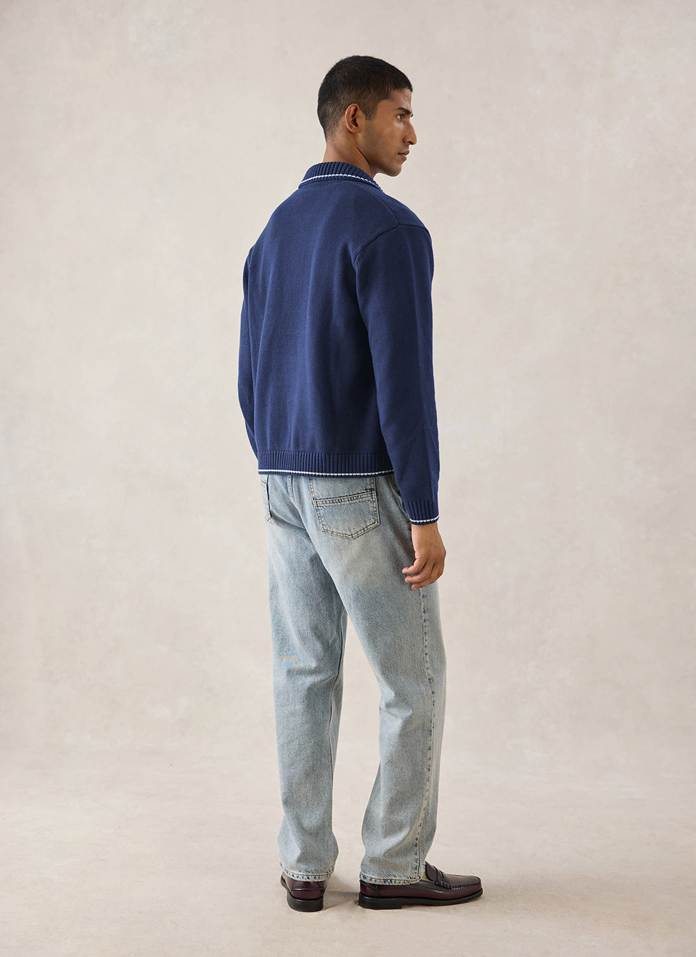 Gardner Cotton Zip Cardigan - Navy Blue | Percival