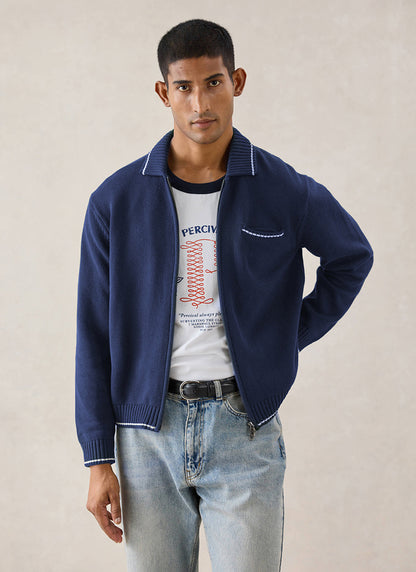 Gardner Cotton Zip Cardigan - Navy Blue | Percival