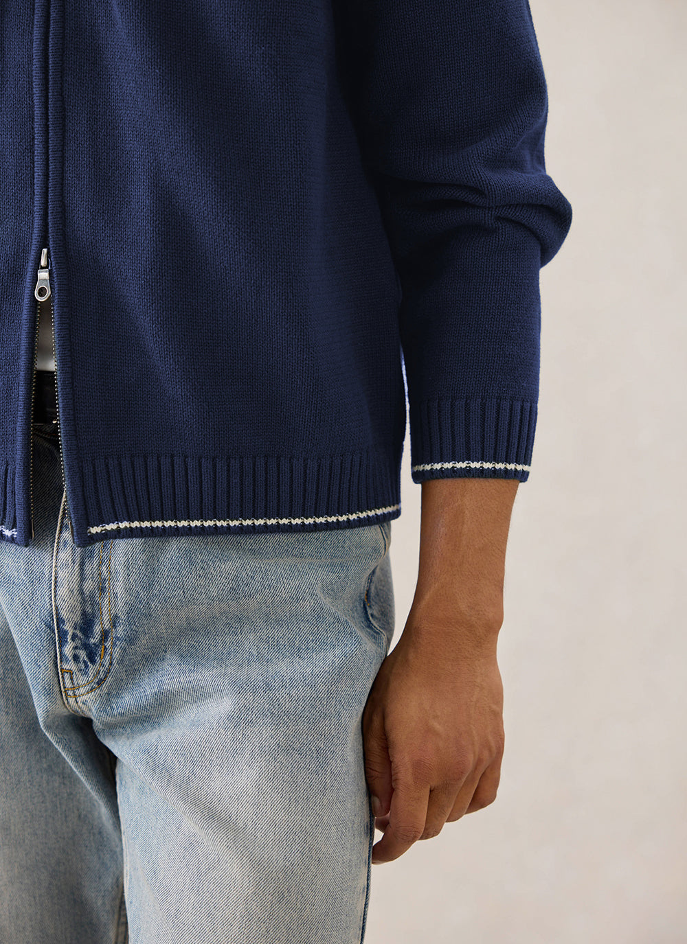 Gardner Cotton Zip Cardigan - Navy Blue | Percival