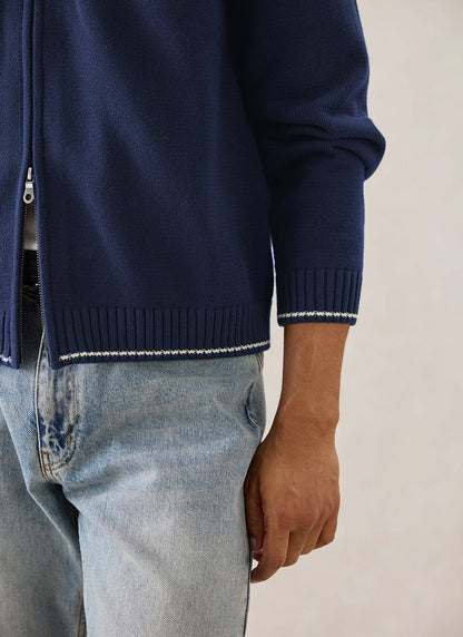 Gardner Cotton Zip Cardigan - Navy Blue | Percival