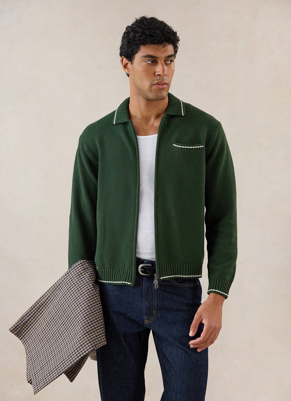 Gardner Dense Knit Zip Cardigan - Cotton - Forest Green | Percival