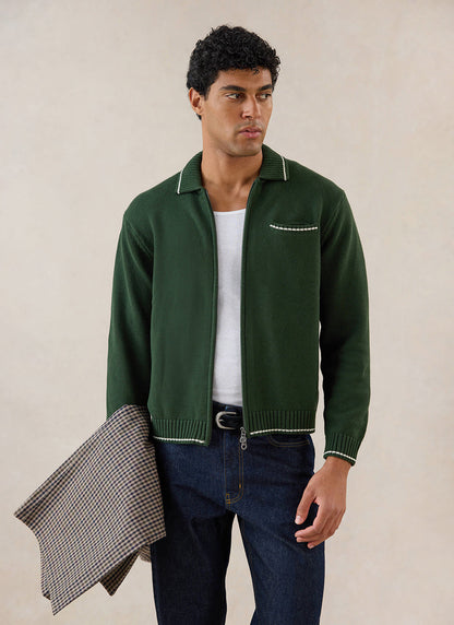 Gardner Dense Knit Zip Cardigan - Cotton - Forest Green | Percival