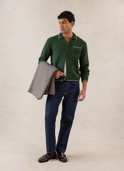 Gardner Dense Knit Zip Cardigan - Cotton - Forest Green | Percival