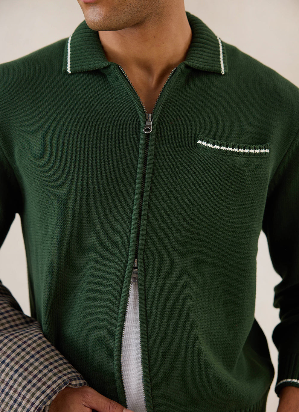 Gardner Dense Knit Zip Cardigan - Cotton - Forest Green | Percival