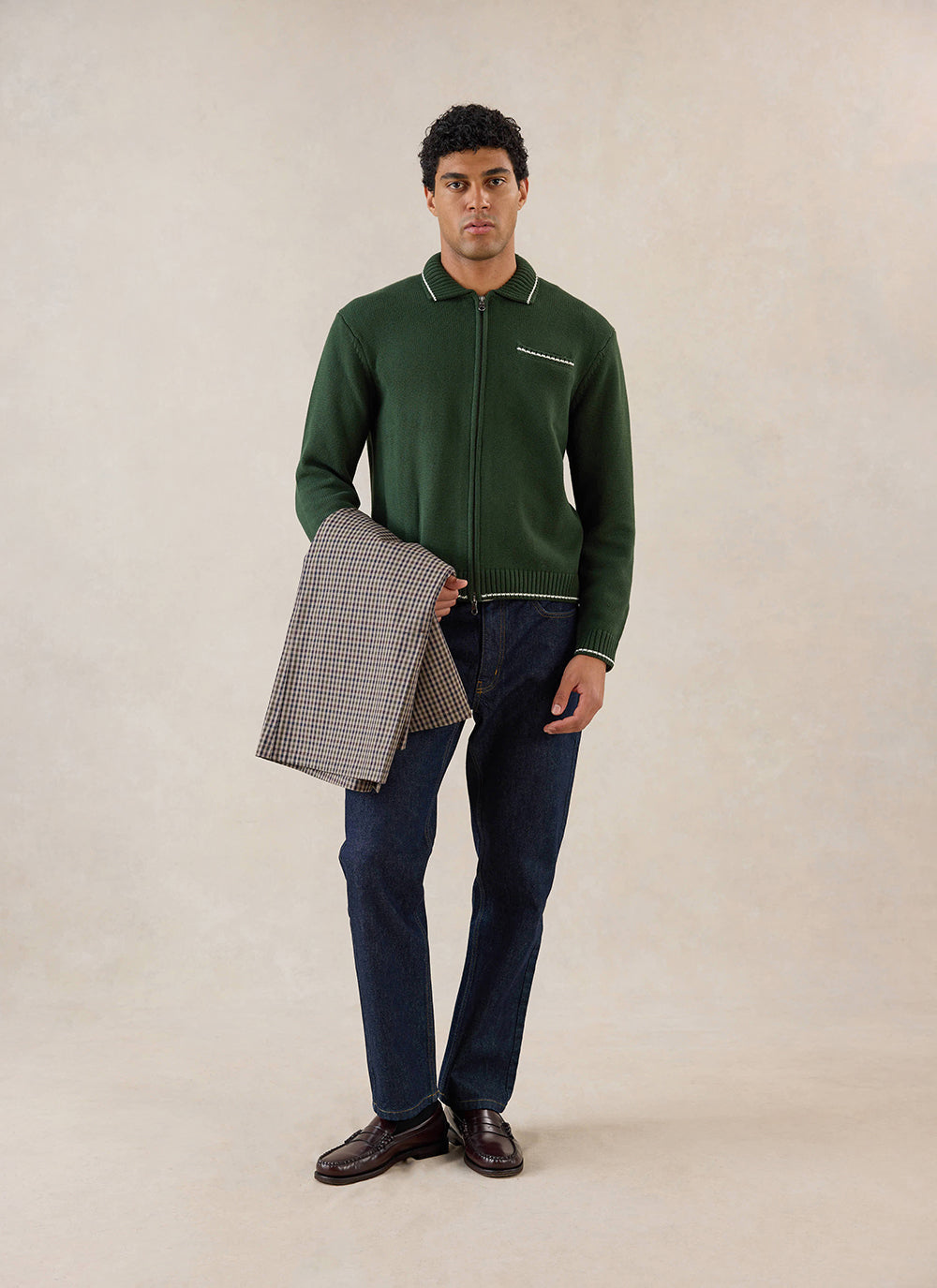 Gardner Dense Knit Zip Cardigan - Cotton - Forest Green | Percival