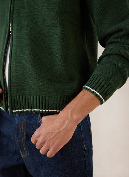 Gardner Dense Knit Zip Cardigan - Cotton - Forest Green | Percival