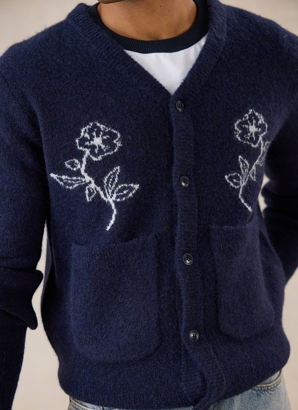 Gibson White Glove Jacquard Cardigan - Navy Mohair Wool | Percival