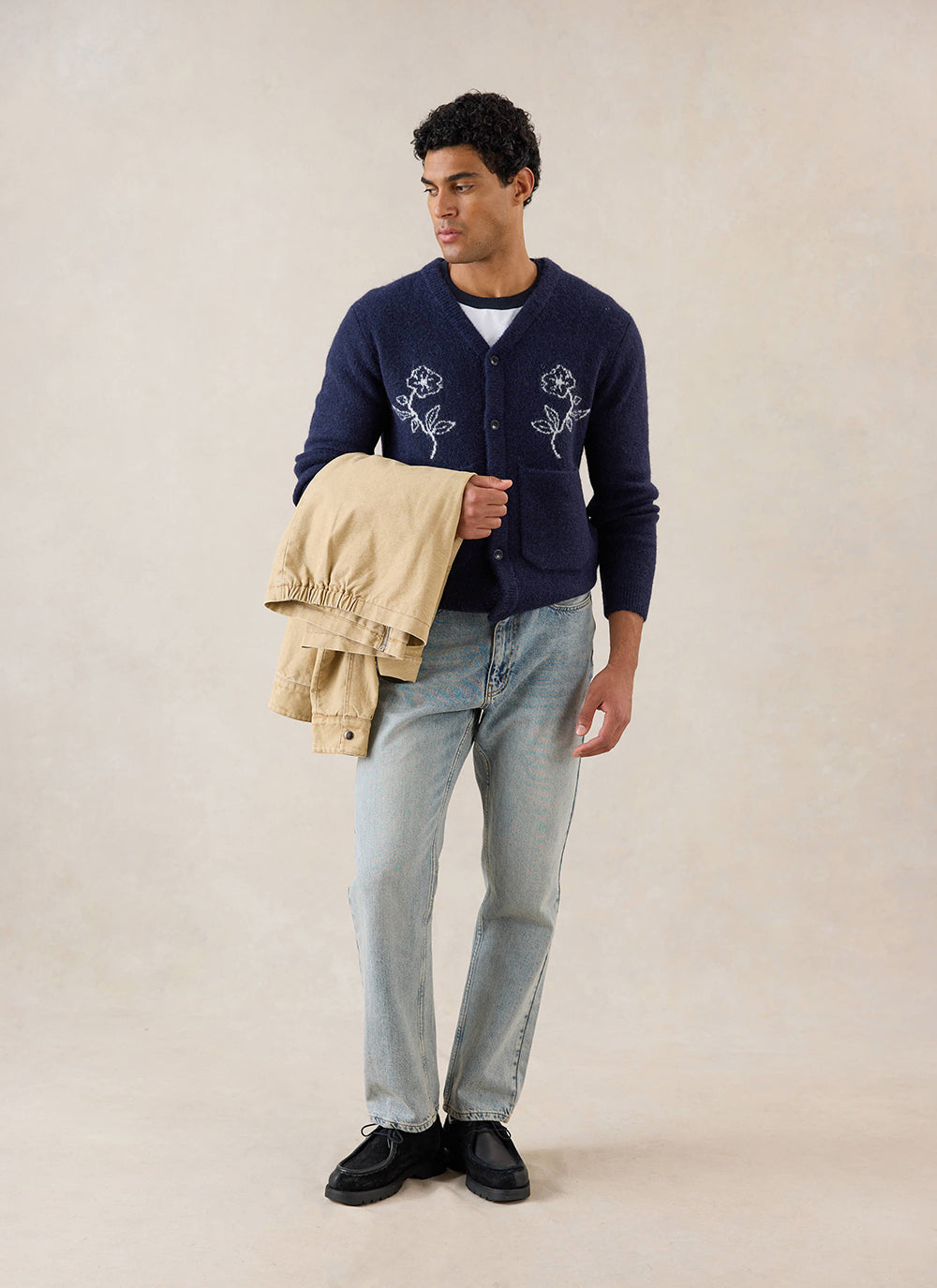 Gibson White Glove Jacquard Cardigan - Navy Mohair Wool | Percival