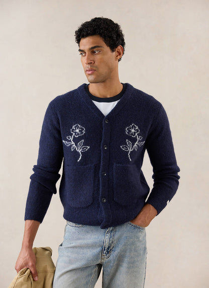 Gibson White Glove Jacquard Cardigan - Navy Mohair Wool | Percival
