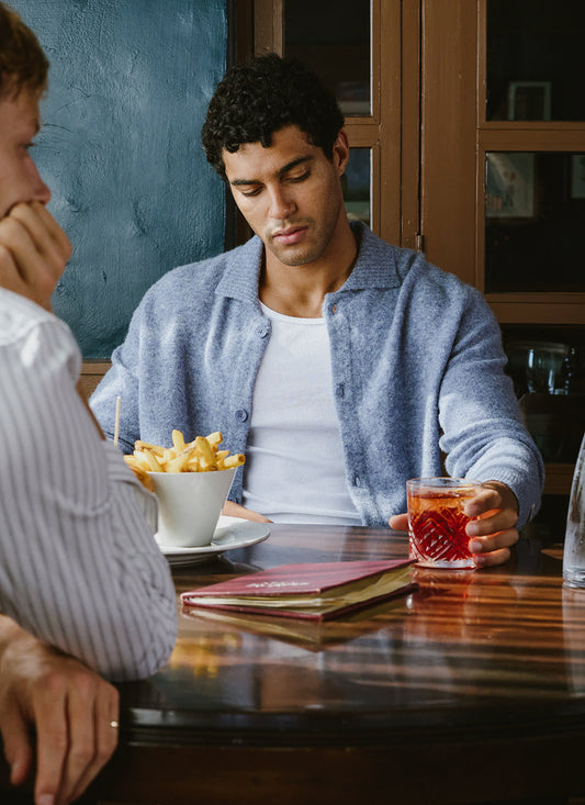 Men's Collared Knit Cardigan - Yak Wool Blend - Heather Blue | Percival