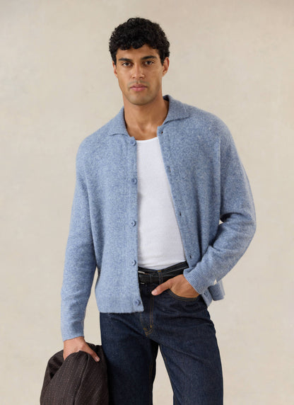 Men's Collared Knit Cardigan - Yak Wool Blend - Heather Blue | Percival