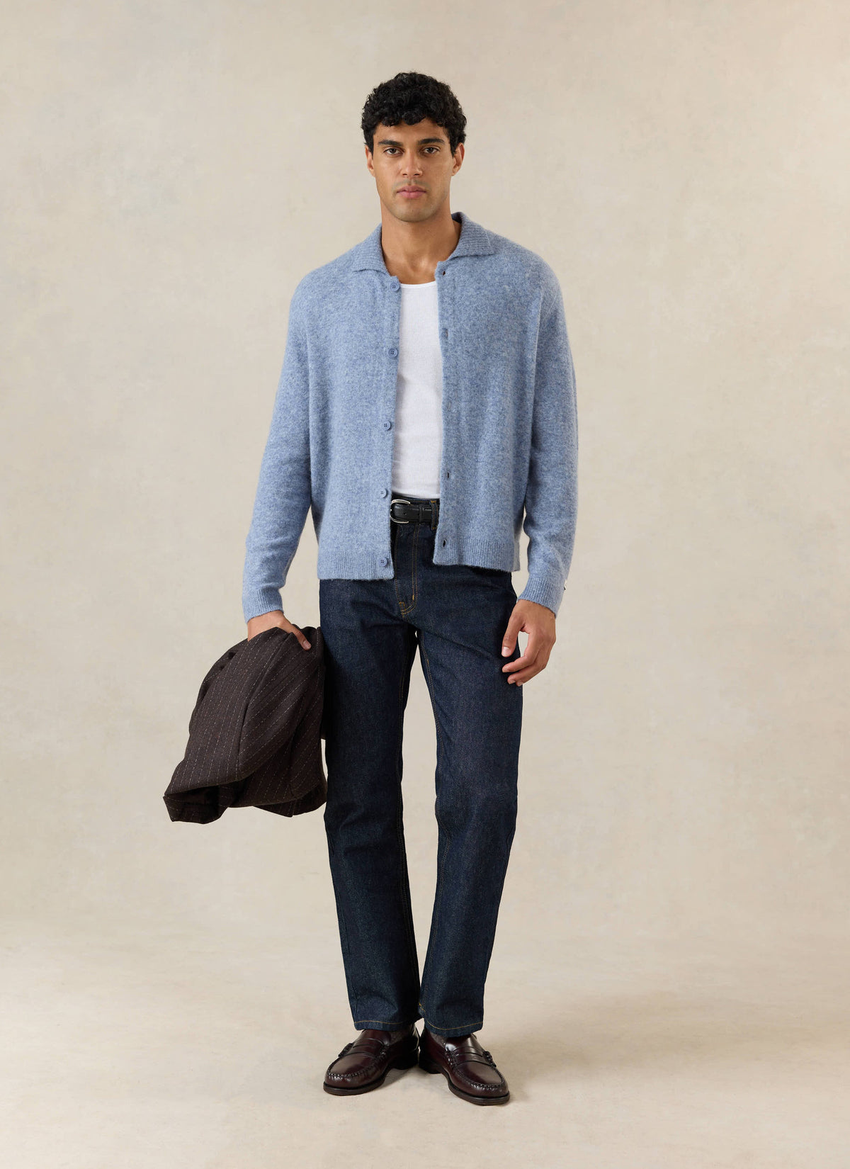 Men's Collared Knit Cardigan - Yak Wool Blend - Heather Blue | Percival