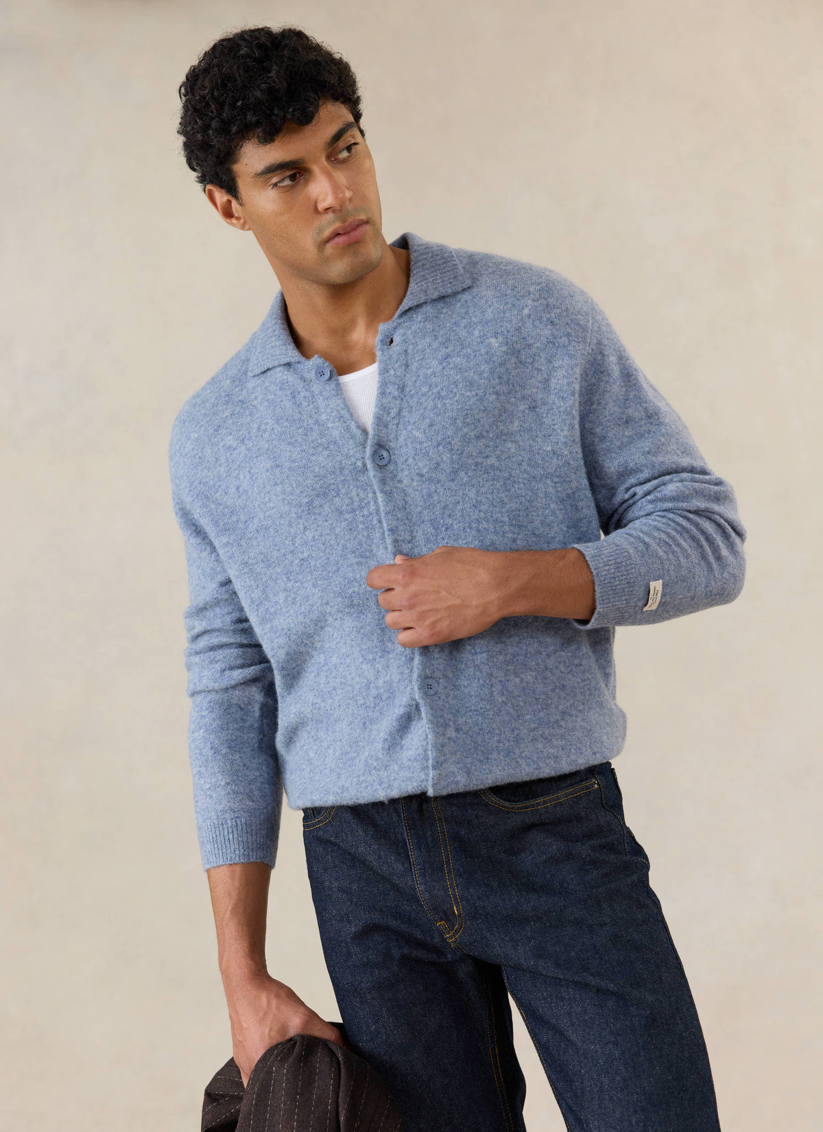Men's Collared Knit Cardigan - Yak Wool Blend - Heather Blue | Percival
