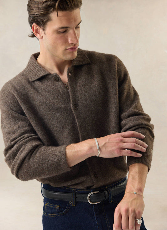 Men's Collared Knit Cardigan - Yak Wool Blend - Brown | Percival