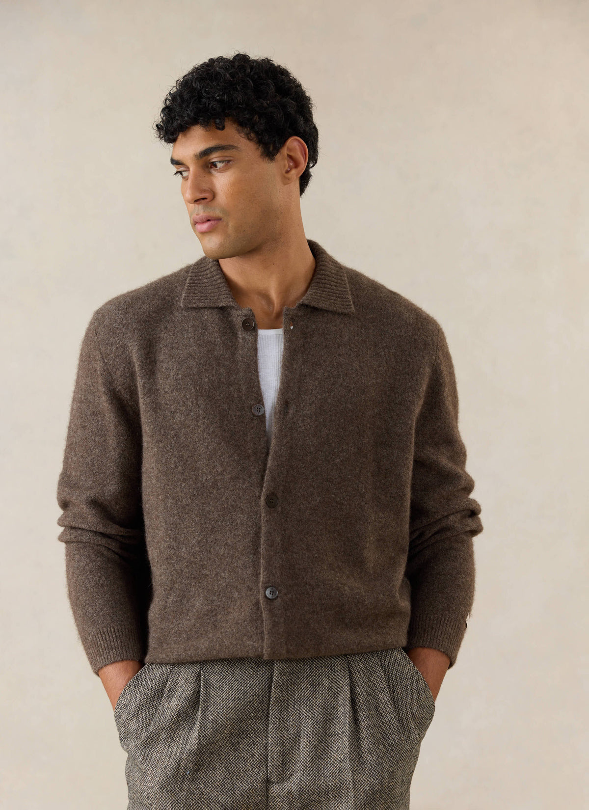 Men's Collared Knit Cardigan - Yak Wool Blend - Brown | Percival