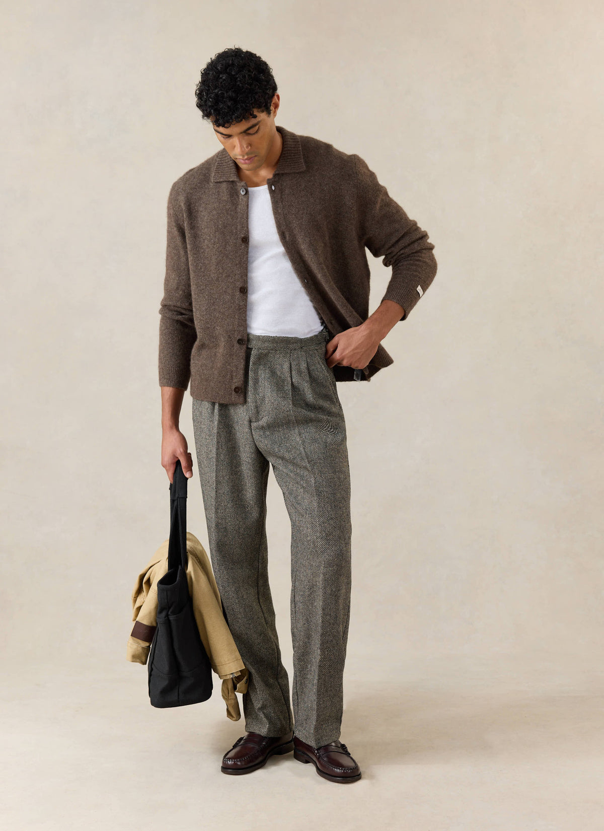 Men's Collared Knit Cardigan - Yak Wool Blend - Brown | Percival