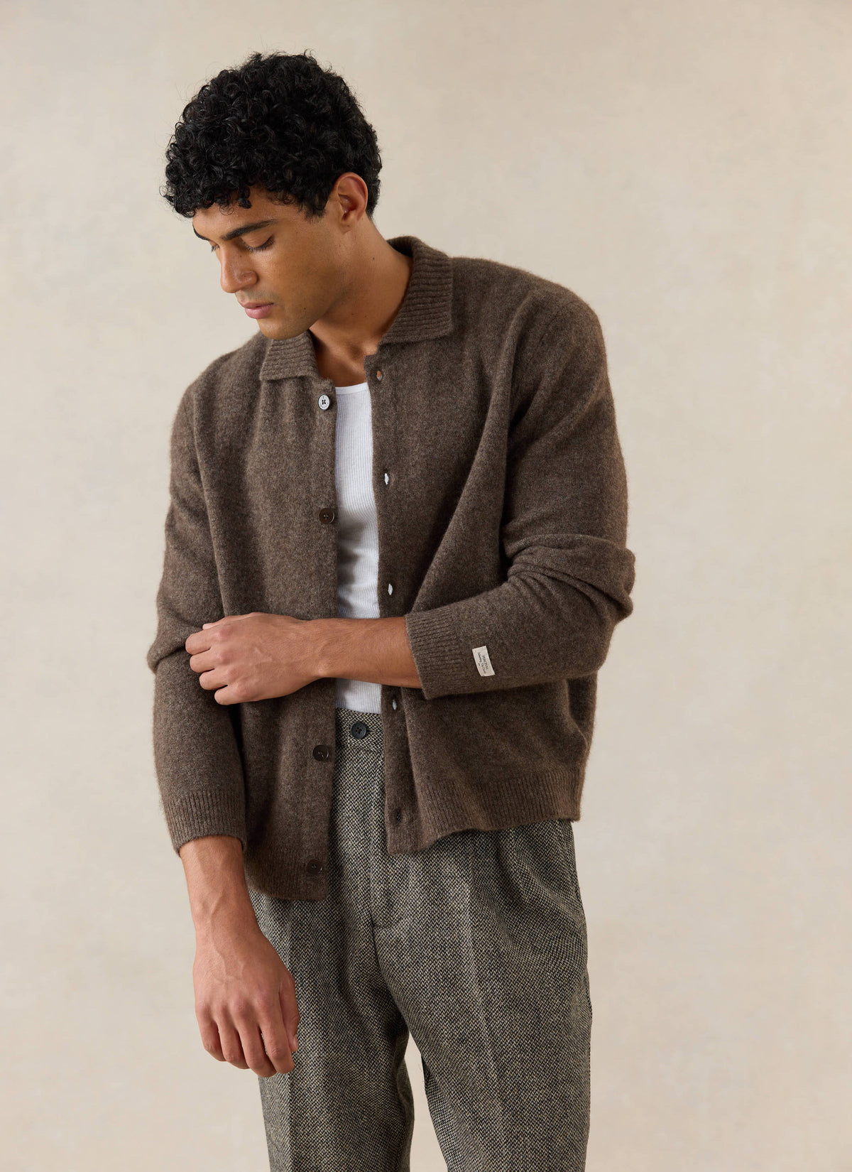 Men's Collared Knit Cardigan - Yak Wool Blend - Brown | Percival