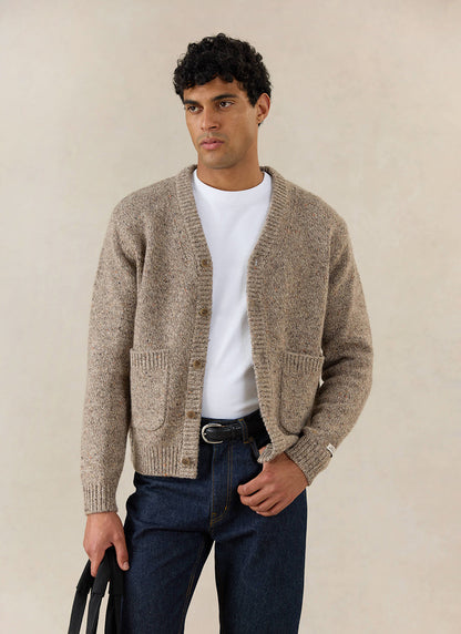 Men's V Neck Cardigan: Rhodes - Cotton Blend - Oak | Percival