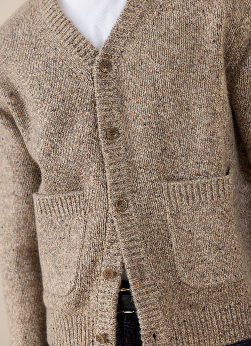 Men's V Neck Cardigan: Rhodes - Cotton Blend - Oak | Percival