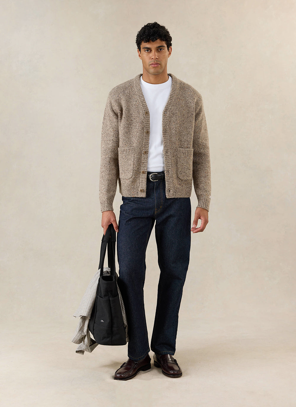 Men's V Neck Cardigan: Rhodes - Cotton Blend - Oak | Percival