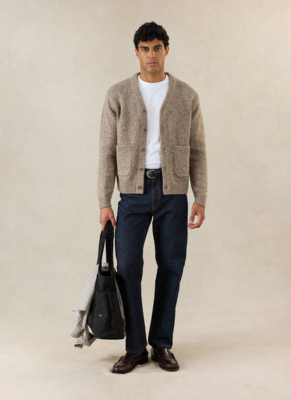 Men's V Neck Cardigan: Rhodes - Cotton Blend - Oak | Percival