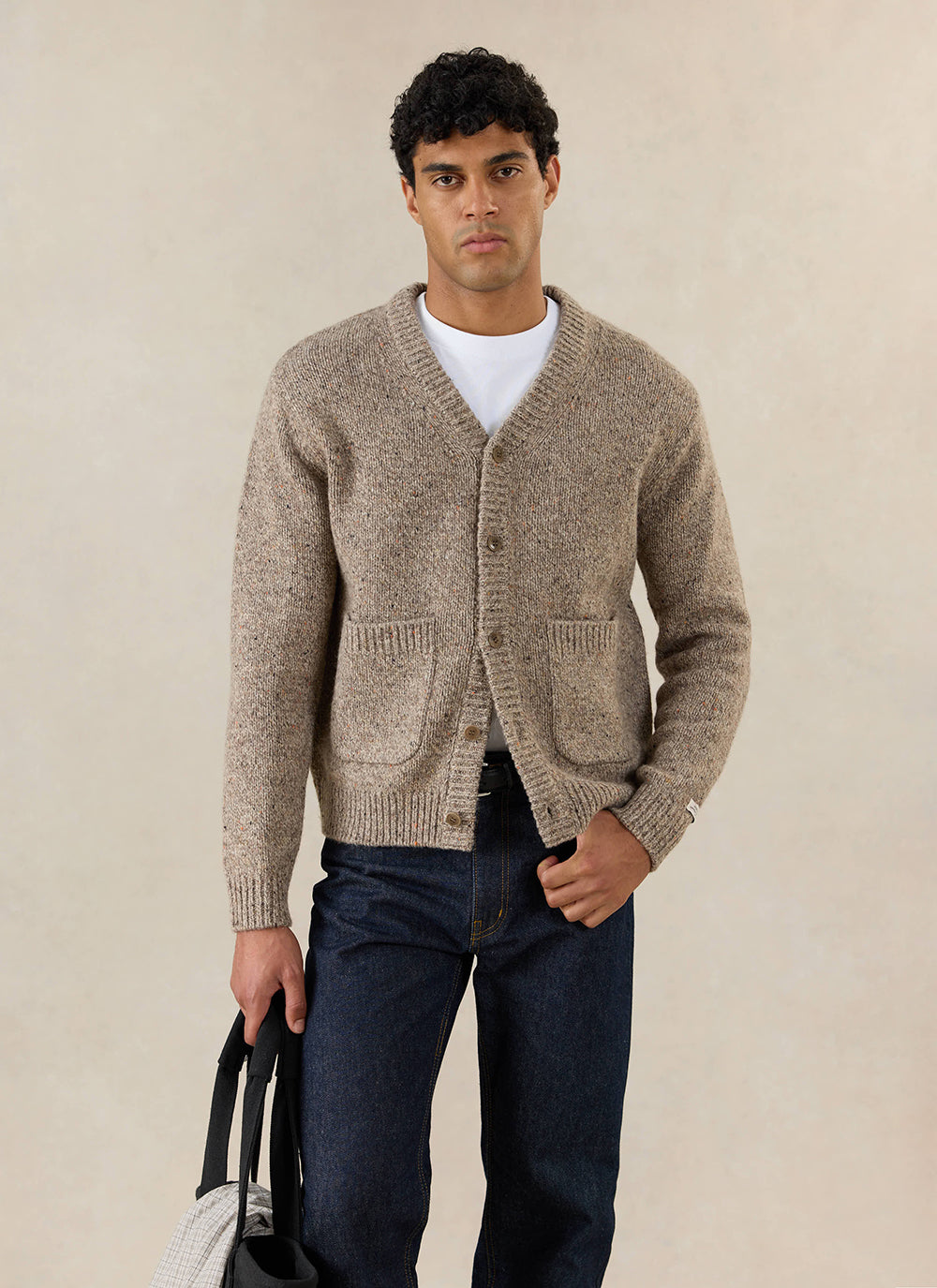 Men's V Neck Cardigan: Rhodes - Cotton Blend - Oak | Percival