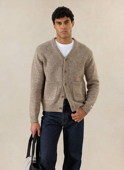Men's V Neck Cardigan: Rhodes - Cotton Blend - Oak | Percival