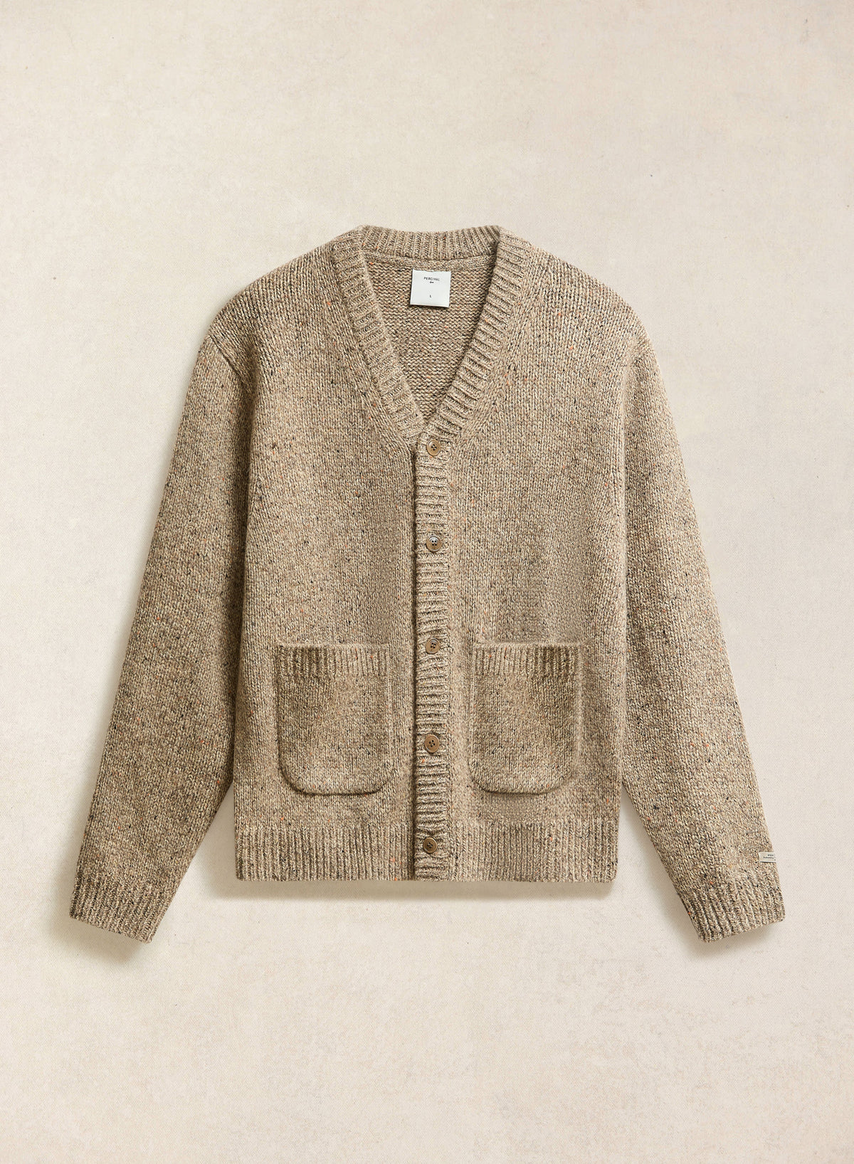 Men's V Neck Cardigan: Rhodes - Cotton Blend - Oak | Percival