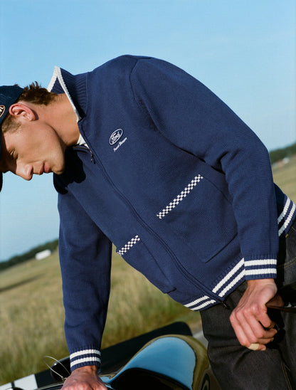 Men's Embroidered Zip Cardigan - Ford x Percival - Blue - Cotton | Percival