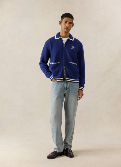 Men's Embroidered Zip Cardigan - Ford x Percival - Blue - Cotton | Percival