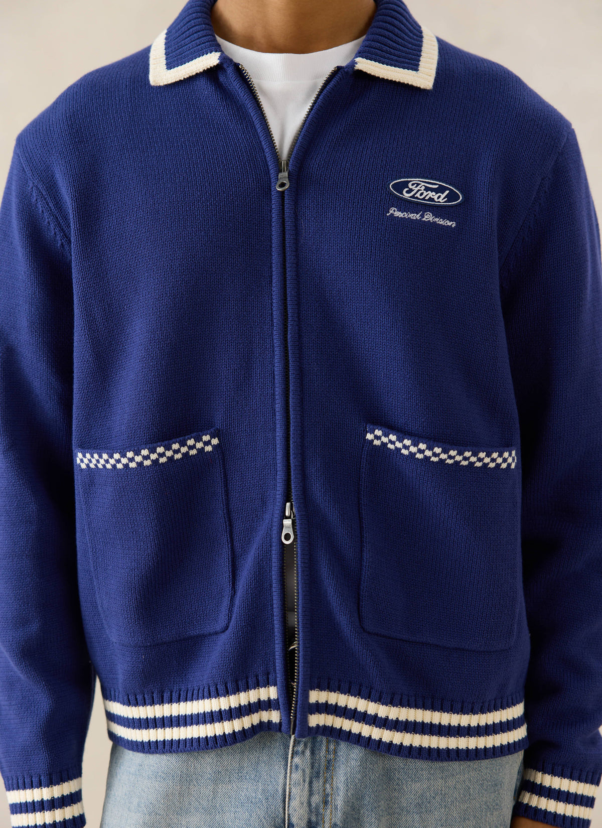 Men's Embroidered Zip Cardigan - Ford x Percival - Blue - Cotton | Percival