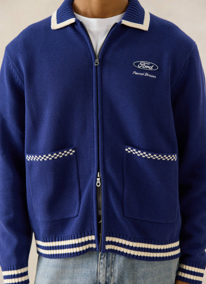 Men's Embroidered Zip Cardigan - Ford x Percival - Blue - Cotton | Percival