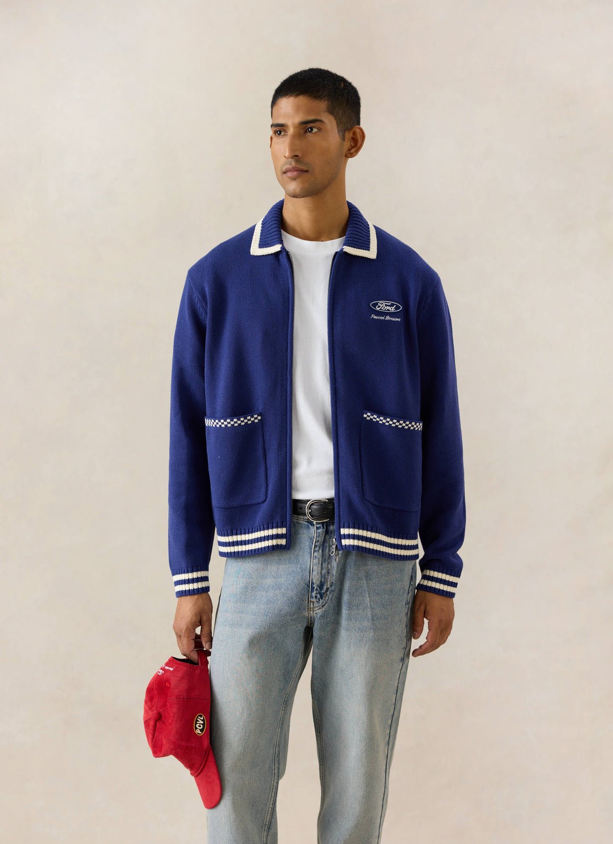 Men's Embroidered Zip Cardigan - Ford x Percival - Blue - Cotton | Percival