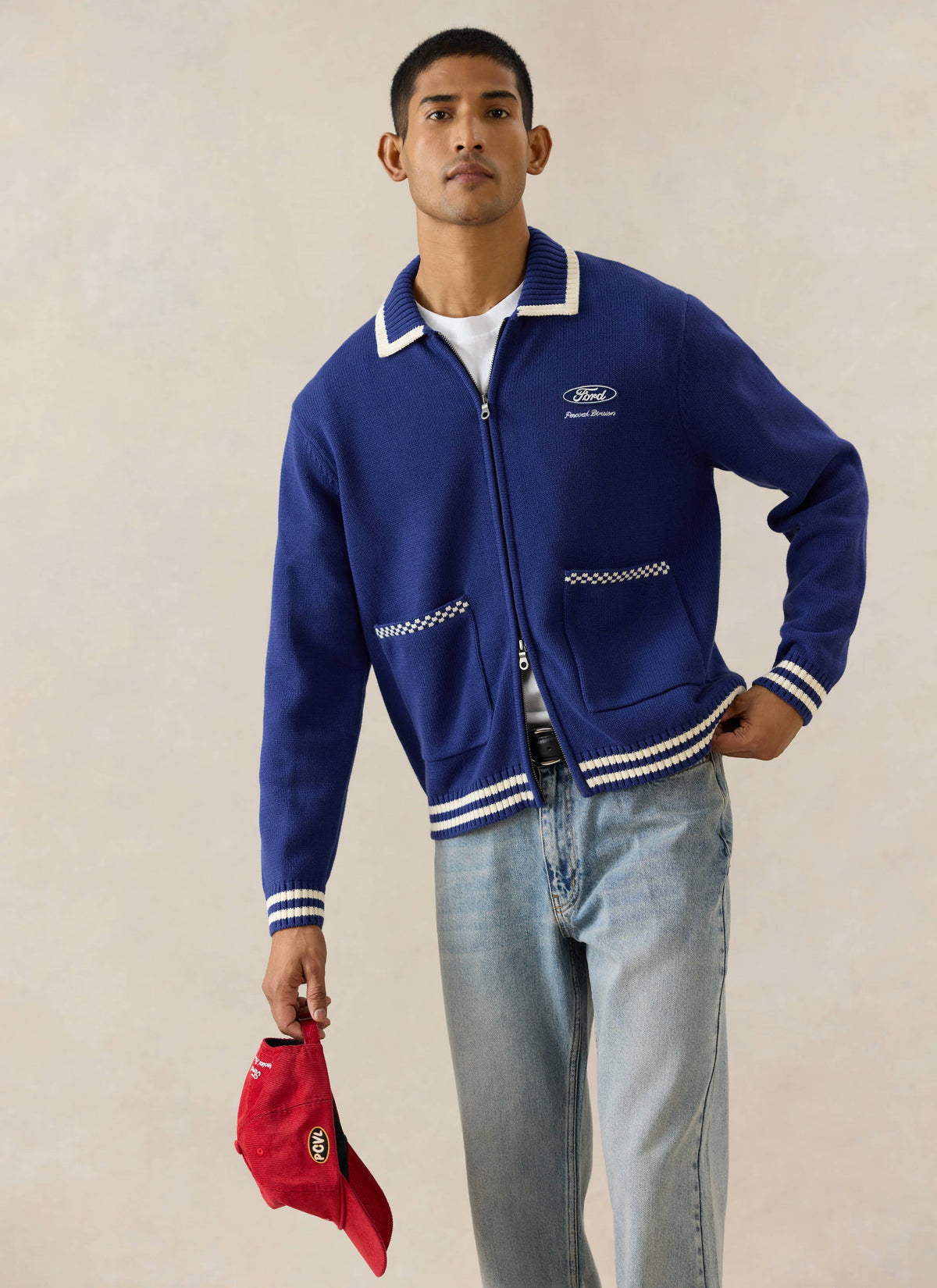 Men's Embroidered Zip Cardigan - Ford x Percival - Blue - Cotton | Percival
