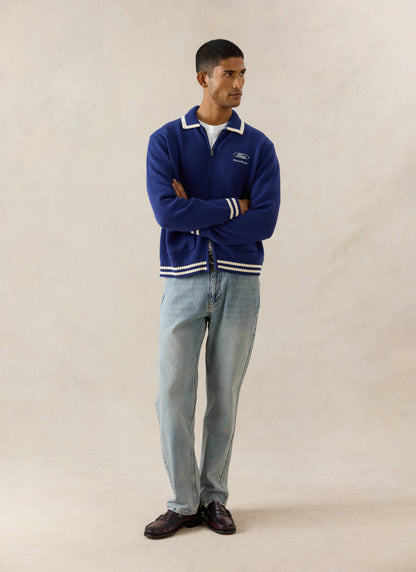 Men's Embroidered Zip Cardigan - Ford x Percival - Blue - Cotton | Percival