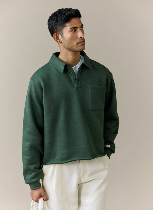 Men's Boxy Polo Sweatshirt - Cotton - Green | Percival