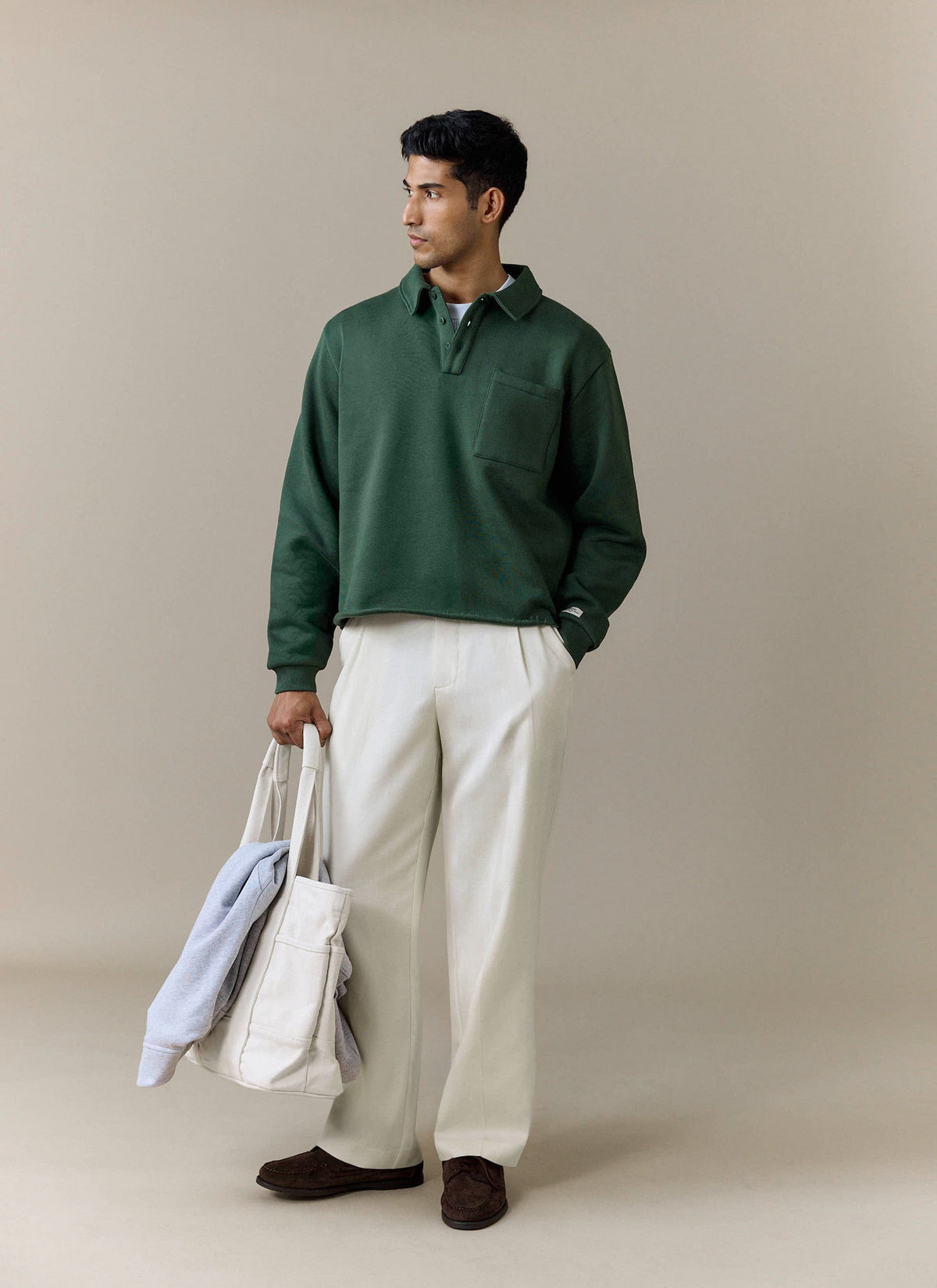 Men's Boxy Polo Sweatshirt - Cotton - Green | Percival