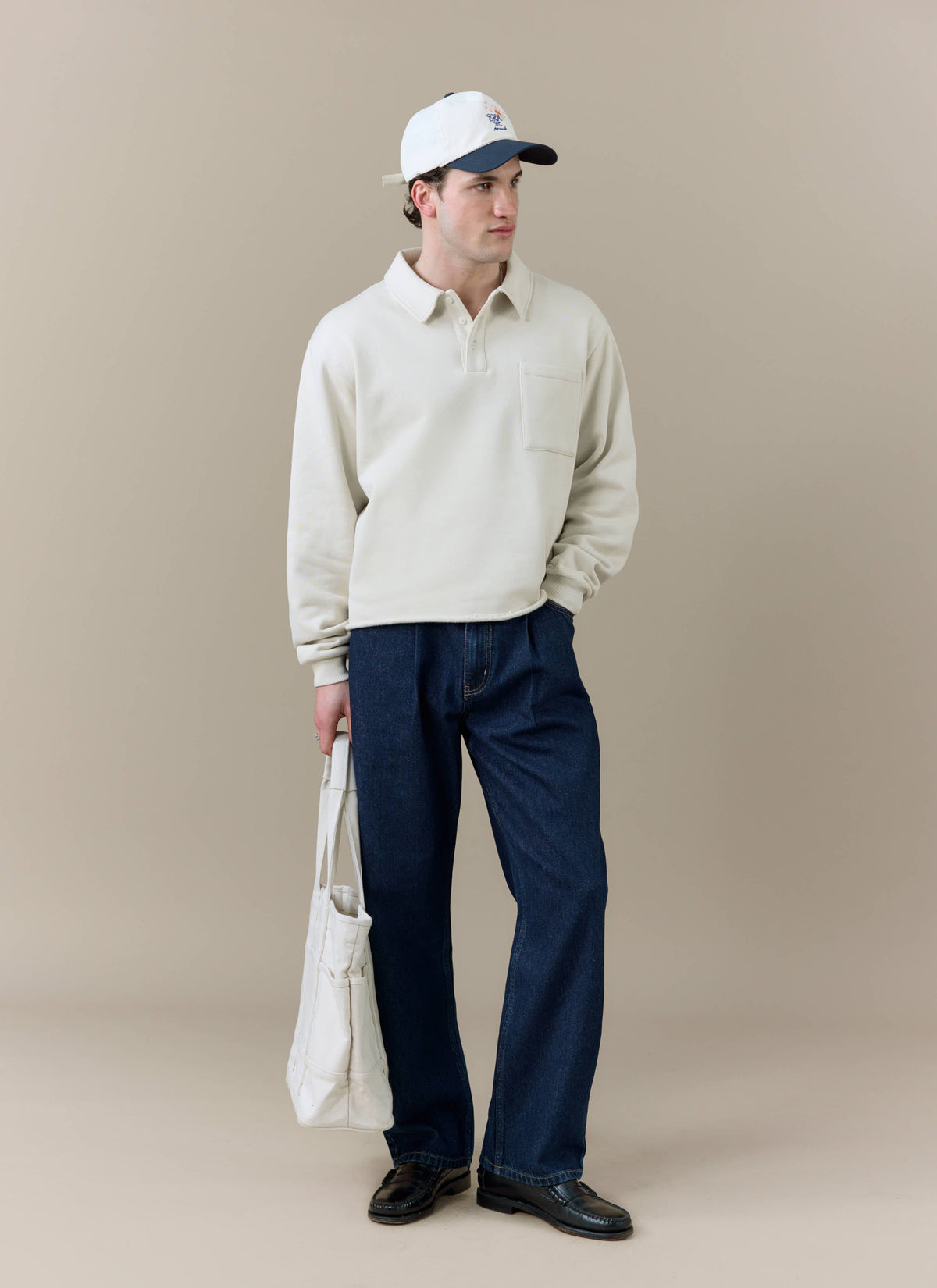 Men's Boxy Polo Sweatshirt - Cotton - Cream | Percival