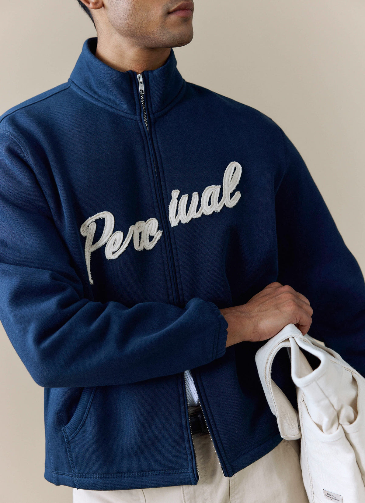 Men's Curtis Funnel Neck Zip Jumper - Cotton - Navy | Percival
