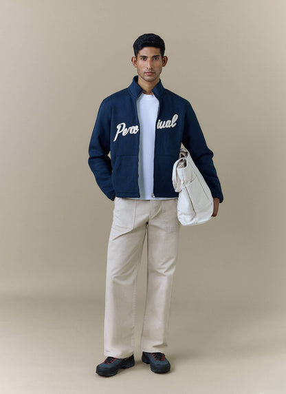 Men's Curtis Funnel Neck Zip Jumper - Cotton - Navy | Percival