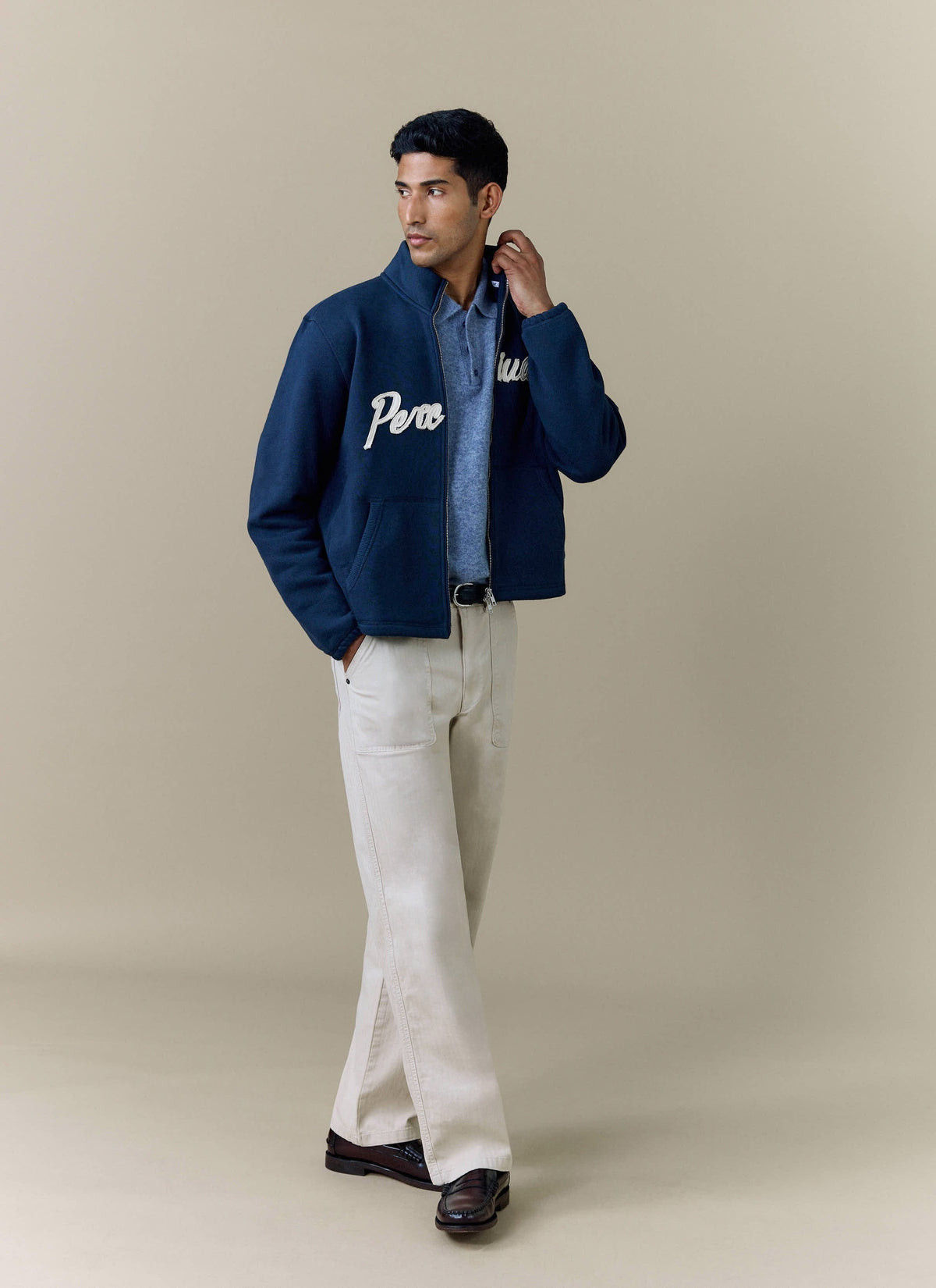Men's Curtis Funnel Neck Zip Jumper - Cotton - Navy | Percival