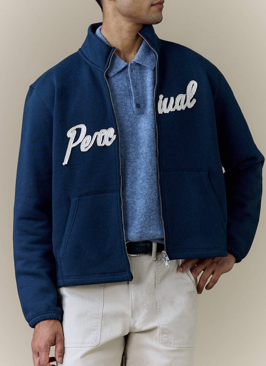 Men's Curtis Funnel Neck Zip Jumper - Cotton - Navy | Percival