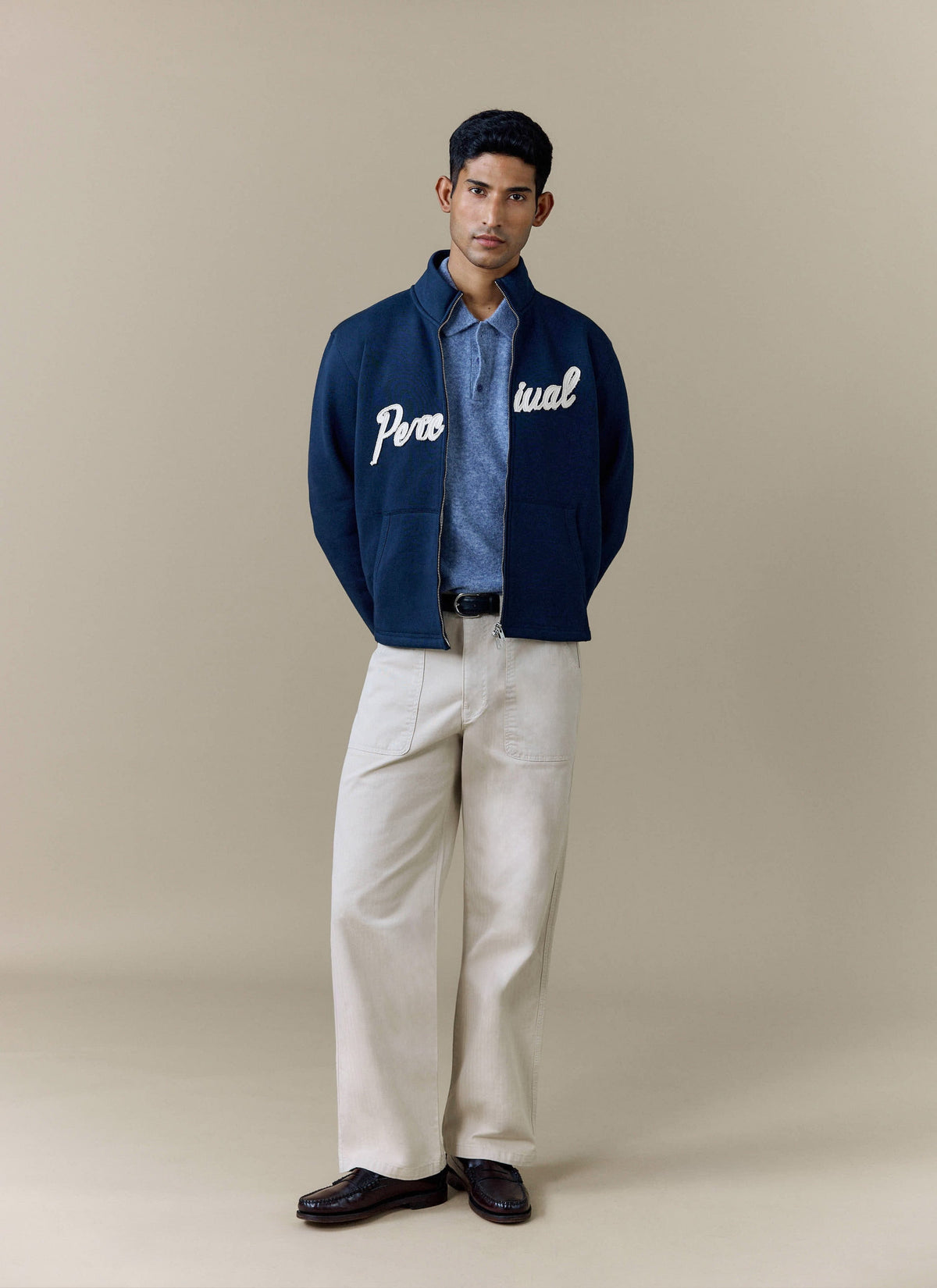 Men's Curtis Funnel Neck Zip Jumper - Cotton - Navy | Percival