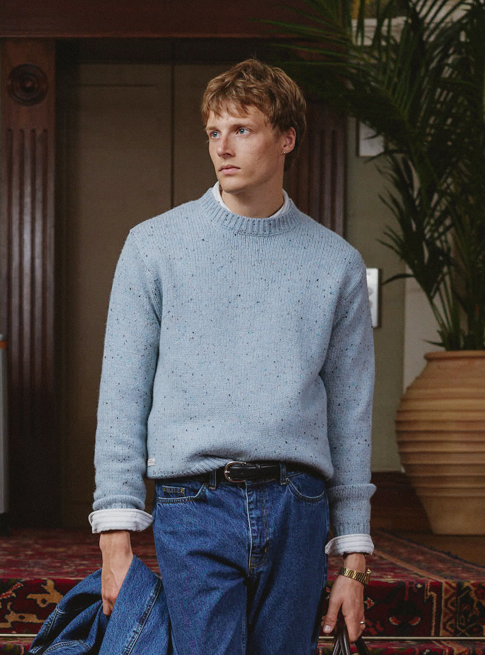 Men's Donegal Crew Neck Jumper: Rhodes - Blue - Cotton | Percival