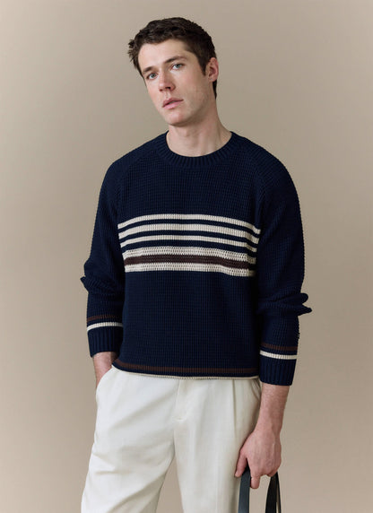 Men's Knitted Jumper - Sergio - Cotton - Navy | Percival