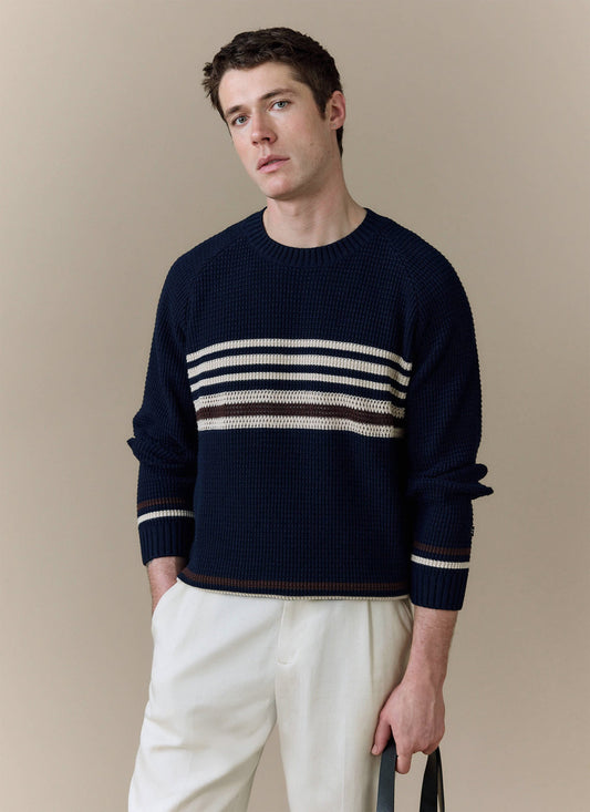 Men's Knitted Jumper - Sergio - Cotton - Navy | Percival