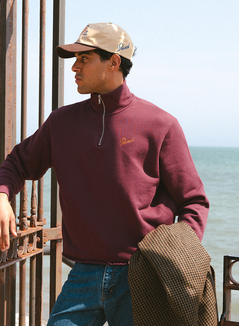 Conrad Funnel Neck 1/4 Zip Jumper - Burgundy Cotton | Percival