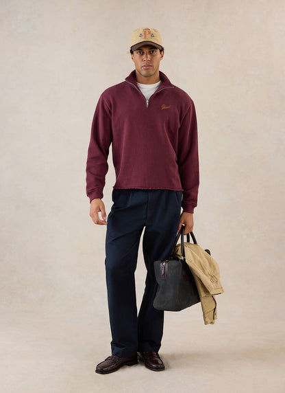Conrad Funnel Neck 1/4 Zip Jumper - Burgundy Cotton | Percival