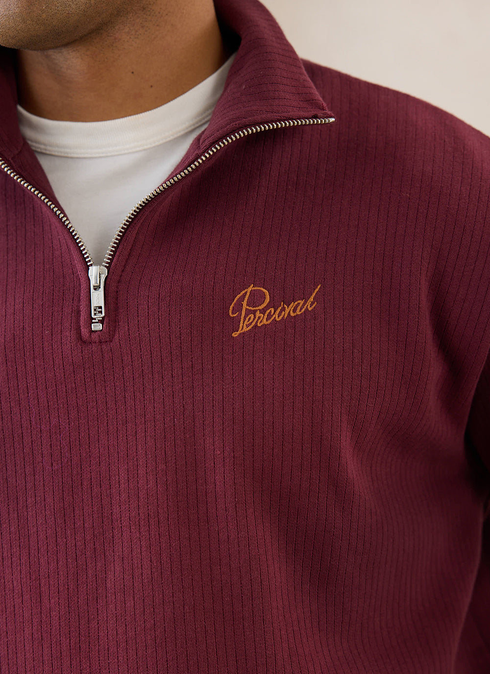 Conrad Funnel Neck 1/4 Zip Jumper - Burgundy Cotton | Percival