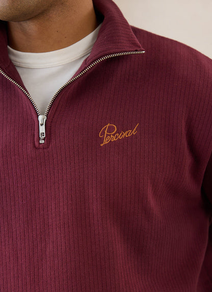 Conrad Funnel Neck 1/4 Zip Jumper - Burgundy Cotton | Percival